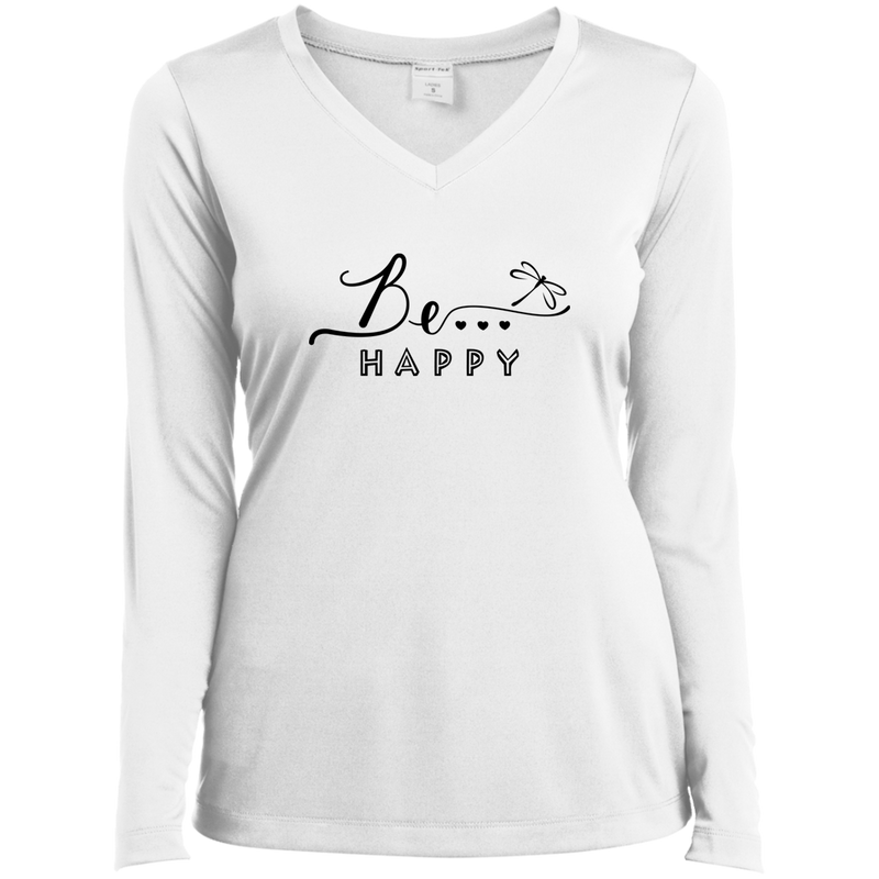 Be... Happy Ladies Long Sleeve V-Neck Tee