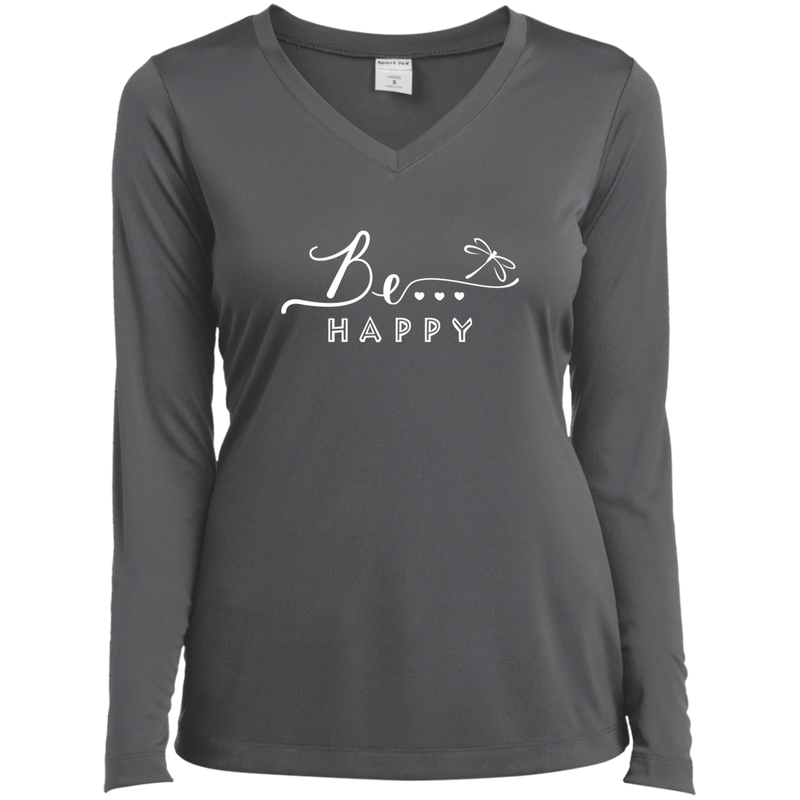 Be... Happy Ladies Long Sleeve V-Neck Tee