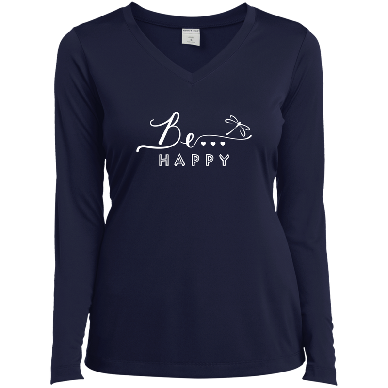 Be... Happy Ladies Long Sleeve V-Neck Tee