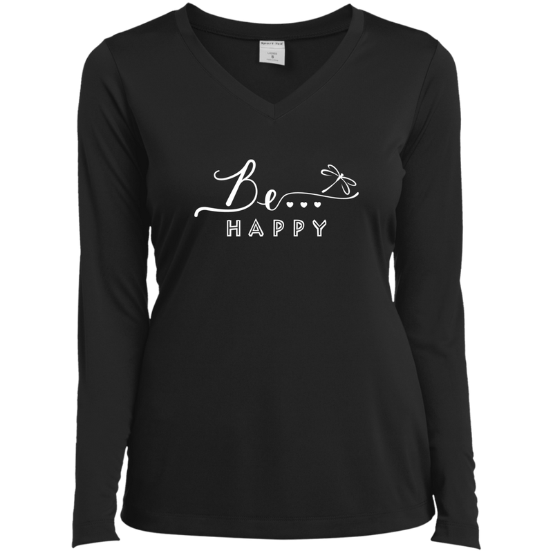 Be... Happy Ladies Long Sleeve V-Neck Tee